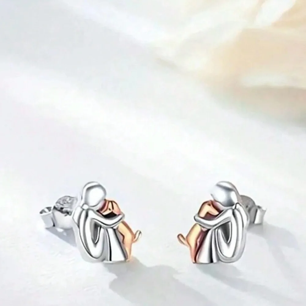 “Puppy Love” Man’s Best Friend Dog & Human Hugging Two Tone Gold 925 Silver Stud